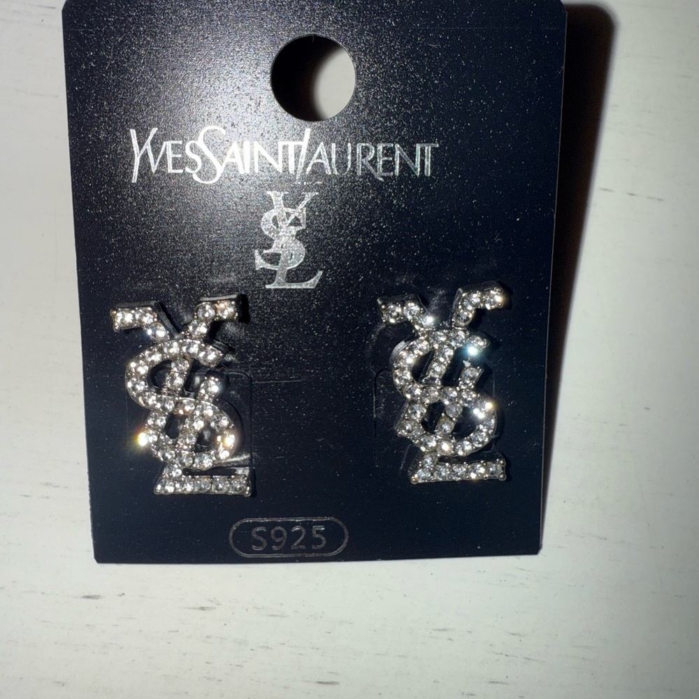 Y S L Sparkling Silver Logo Earrings